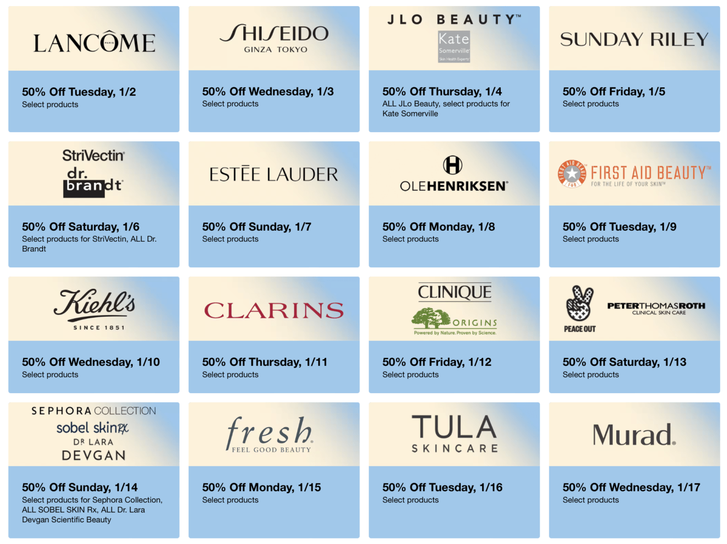 a chart showing the what is on sale during the January Sephora skincare sale